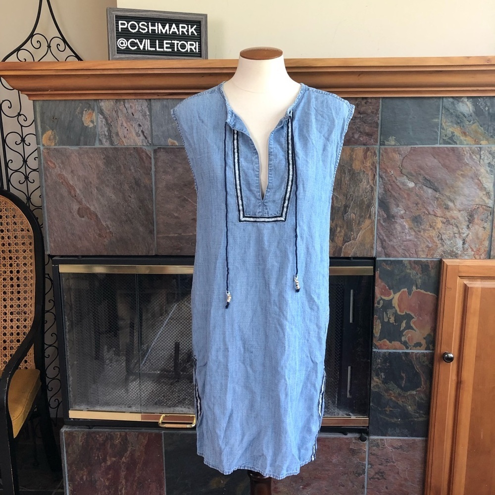 J. Crew Sleeveless Chambray Tassel Beach Tunic Split Notch Neckline XXS